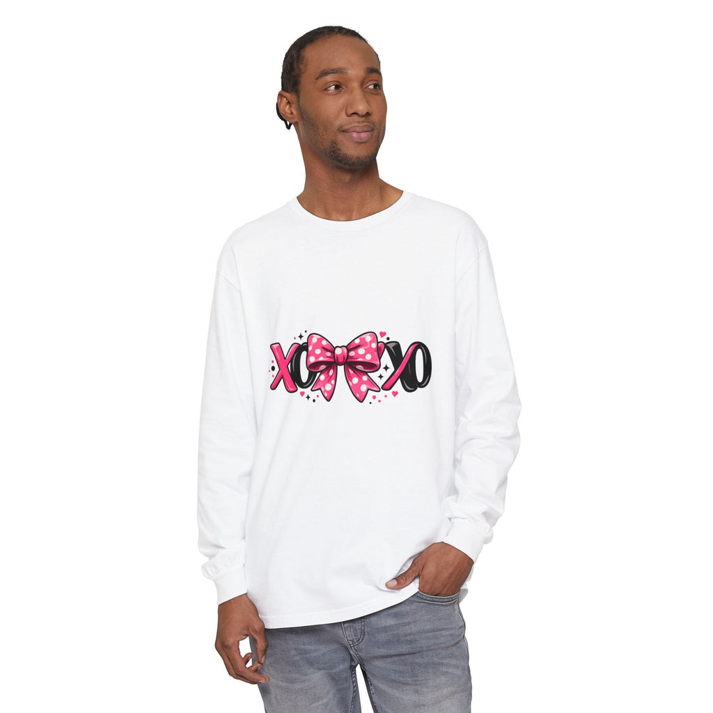 Hugs & Kisses (XOXO) Long Sleeve Tee — Pink Bow Valentine Shirt
