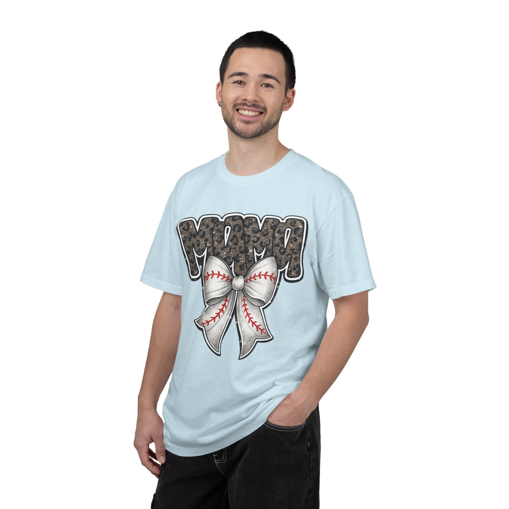 Baseball Mom T-Shirt — Camo Lettering with Baseball Bow