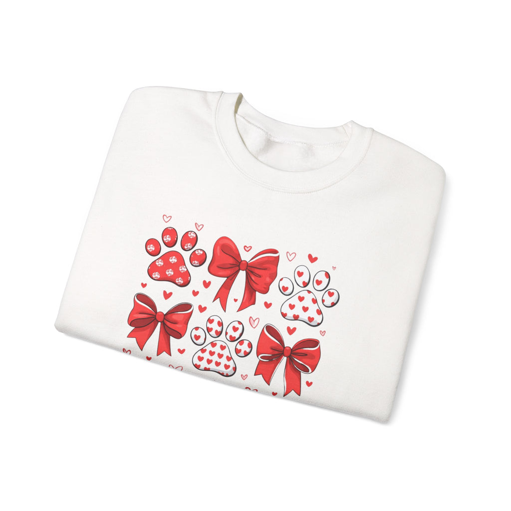 Valentine Paw Print Crewneck Sweatshirt — Red Bows & Hearts Pet Lover Pullover