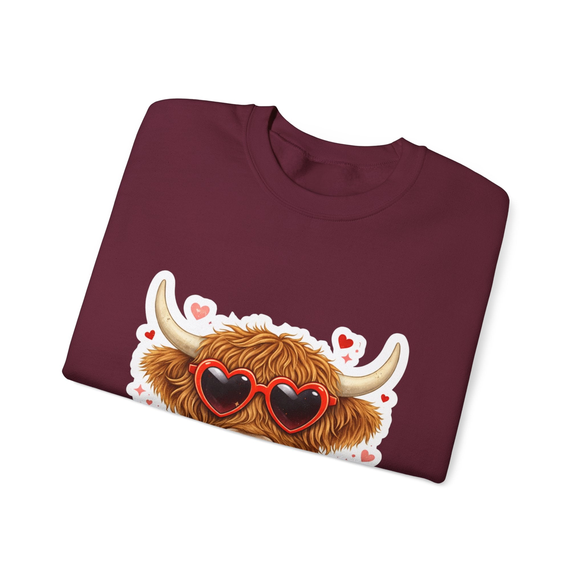 Valentine Highland Cow Sweatshirt – Cute Heart Sunglasses & Scarf Crewneck