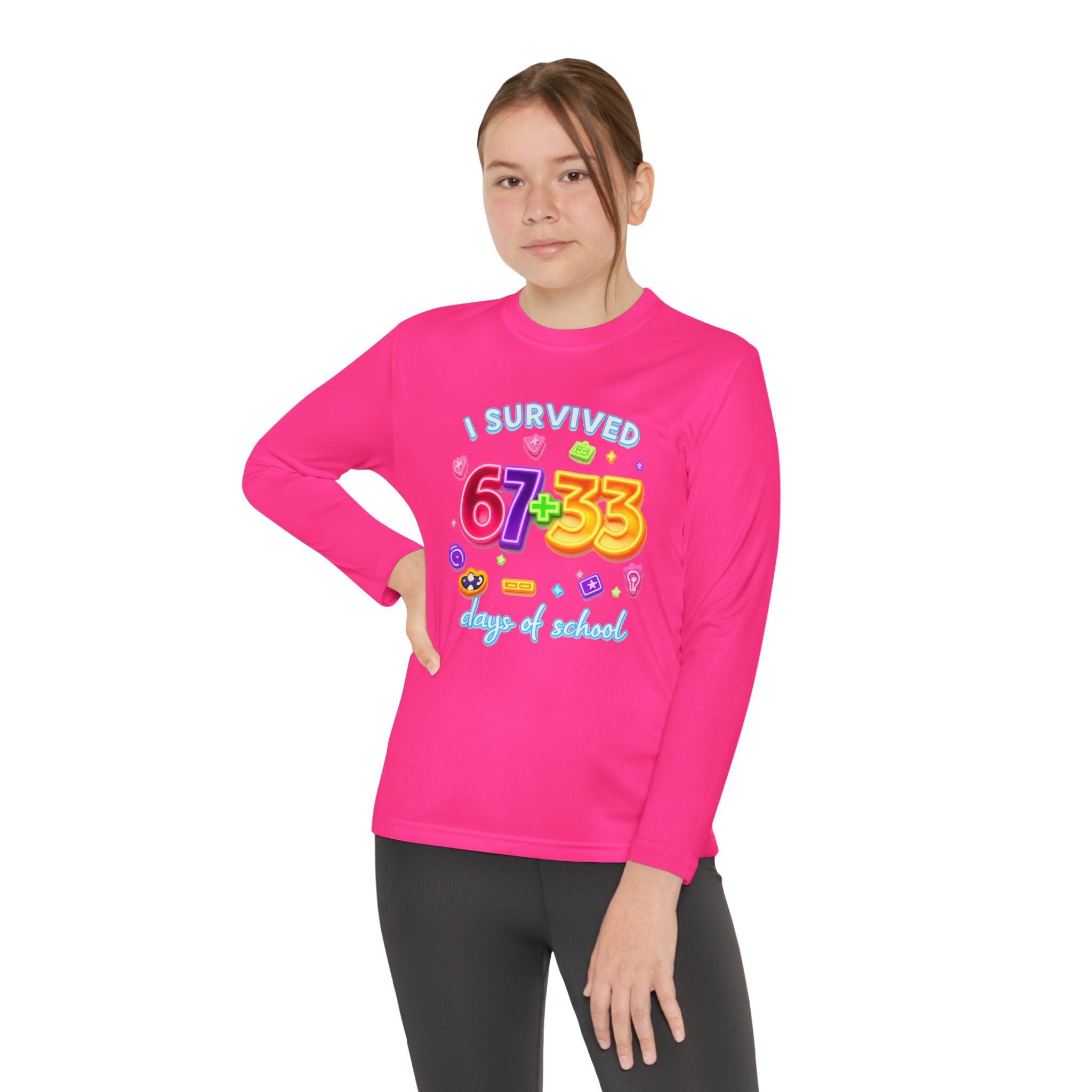 Youth Long Sleeve Tee — "I Survived 67+33 Days of School" Colorful Celebration Shirt