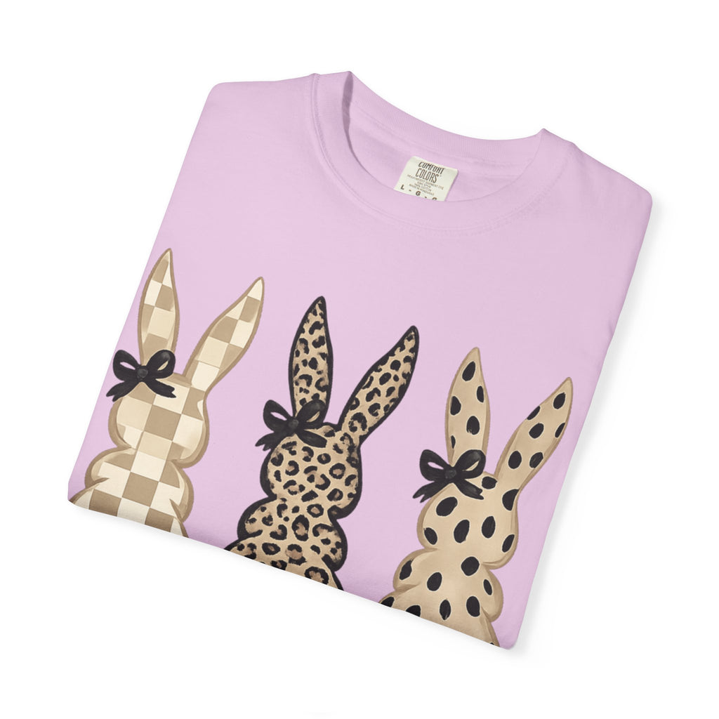 Easter Bunny Trio T-Shirt — Neutral Plaid, Leopard & Polka Dot Bunnies