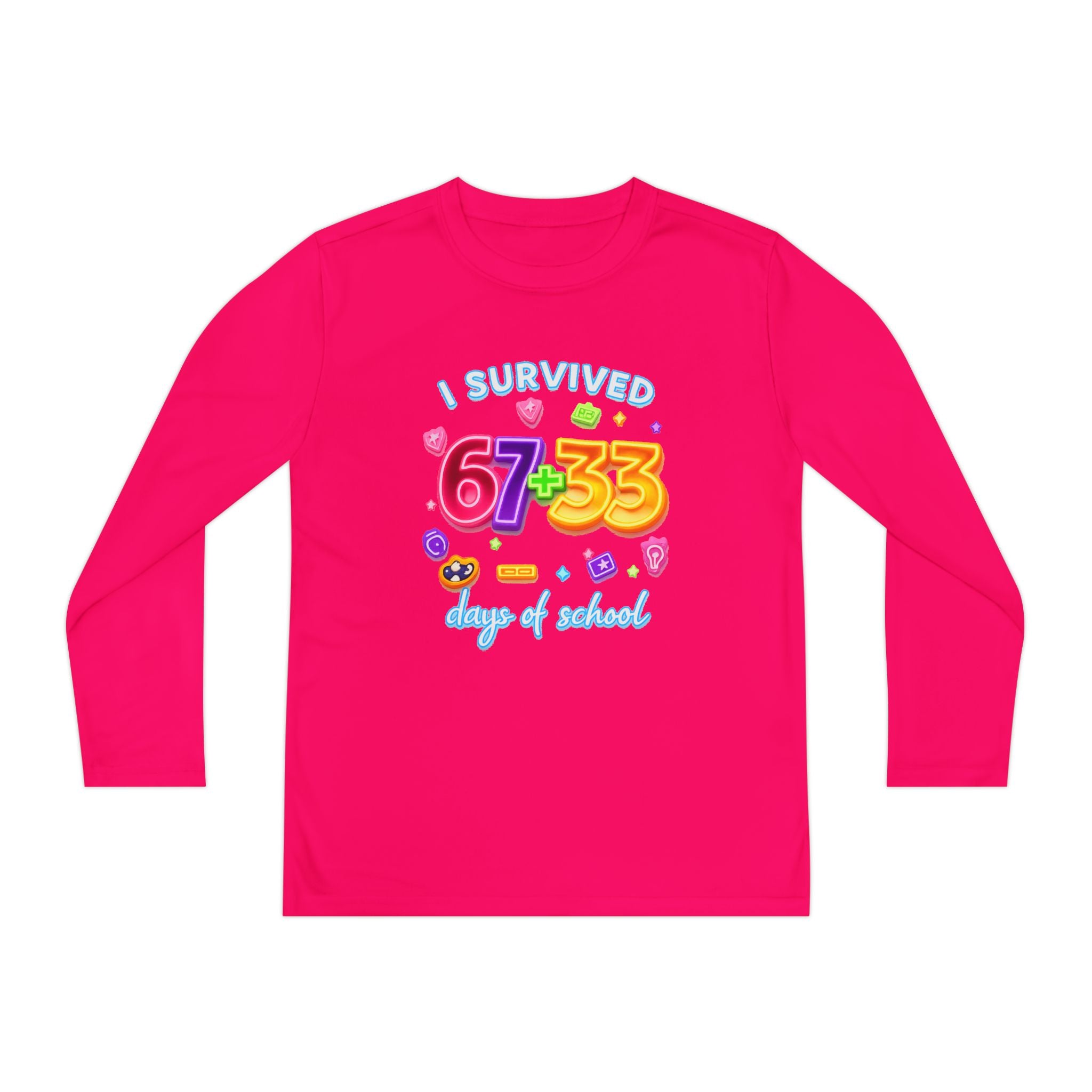 Youth Long Sleeve Tee — "I Survived 67+33 Days of School" Colorful Celebration Shirt