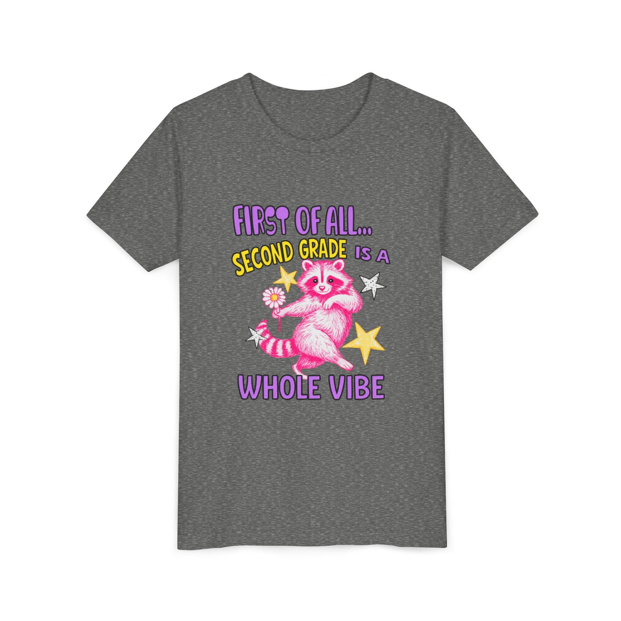 Youth Tee — "First of All... Second Grade Is a Whole Vibe" Pink Raccoon Back-to-School Shirt