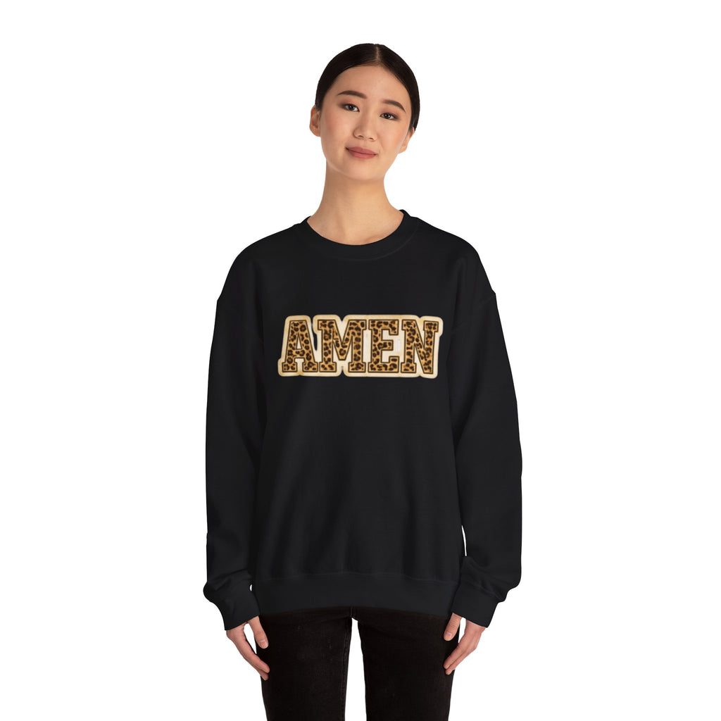 Crewneck Sweatshirt — 'AMEN' Leopard-Print Graphic