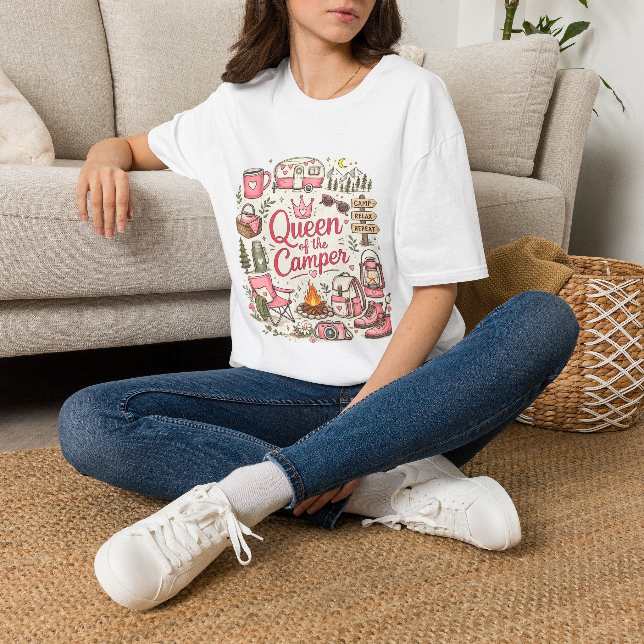 Queen of the Camper T-Shirt — Cute Pink Camping RV Graphic Tee for Women