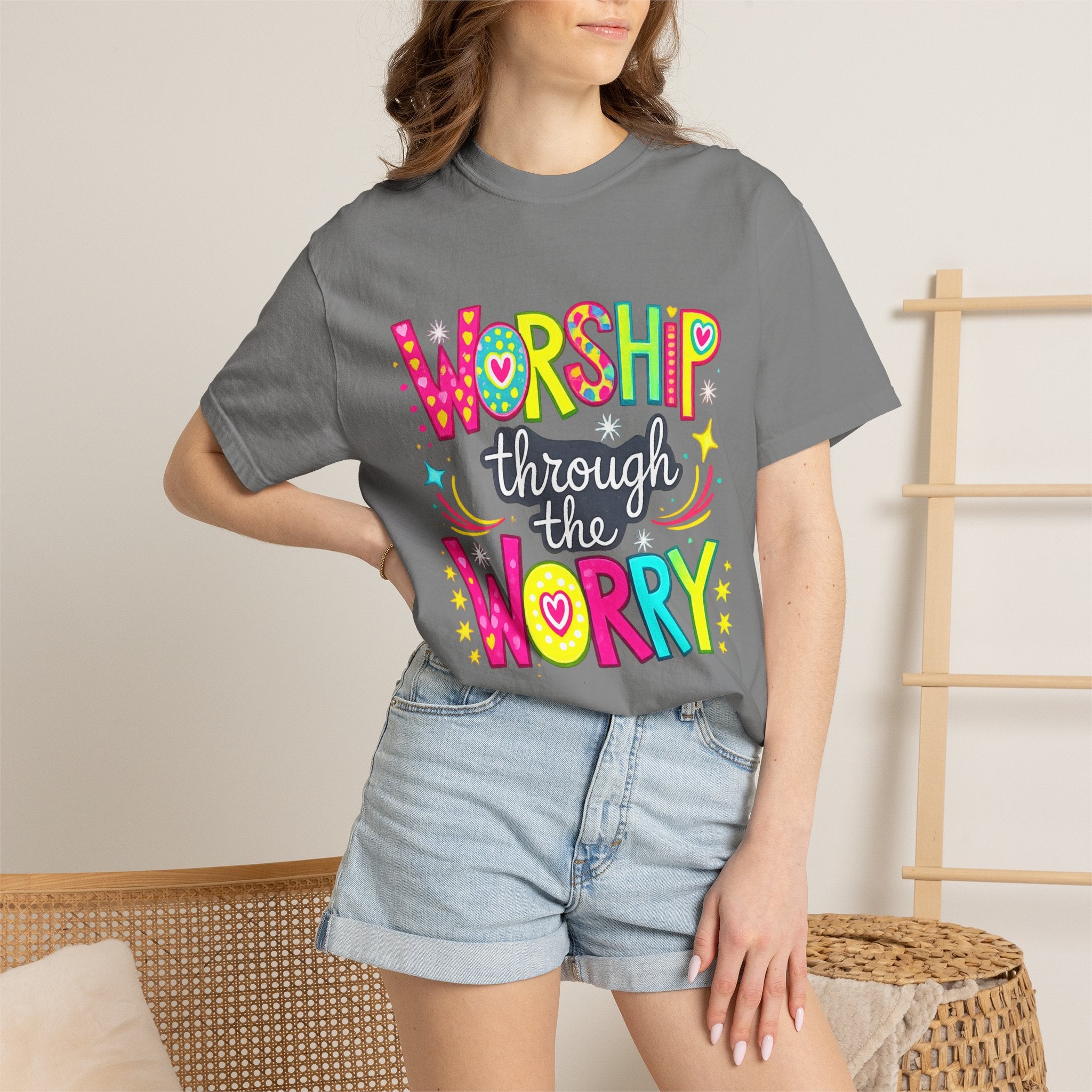 Worship Through the Worry T-Shirt — Colorful Christian Faith Tee