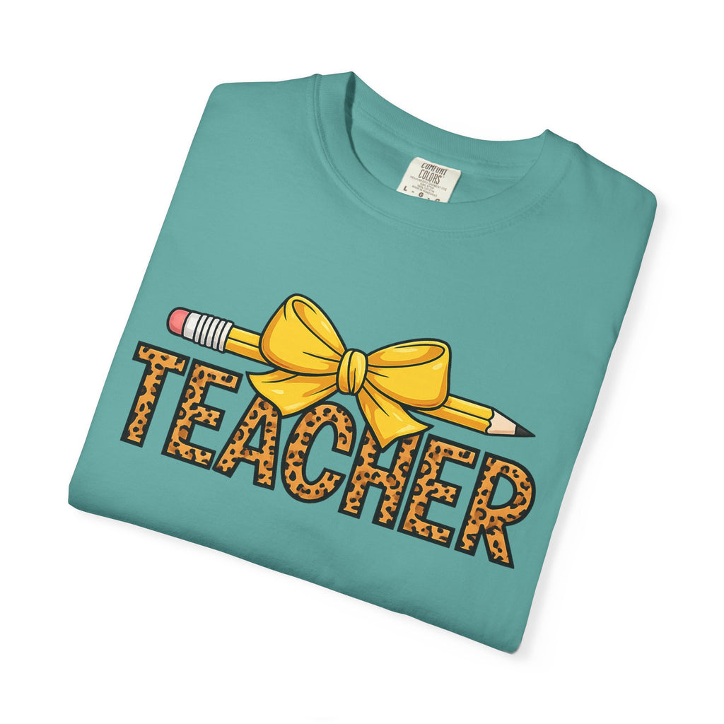 Teacher Leopard Print Pencil Bow T-Shirt — Cute Back-to-School Gift for Educators