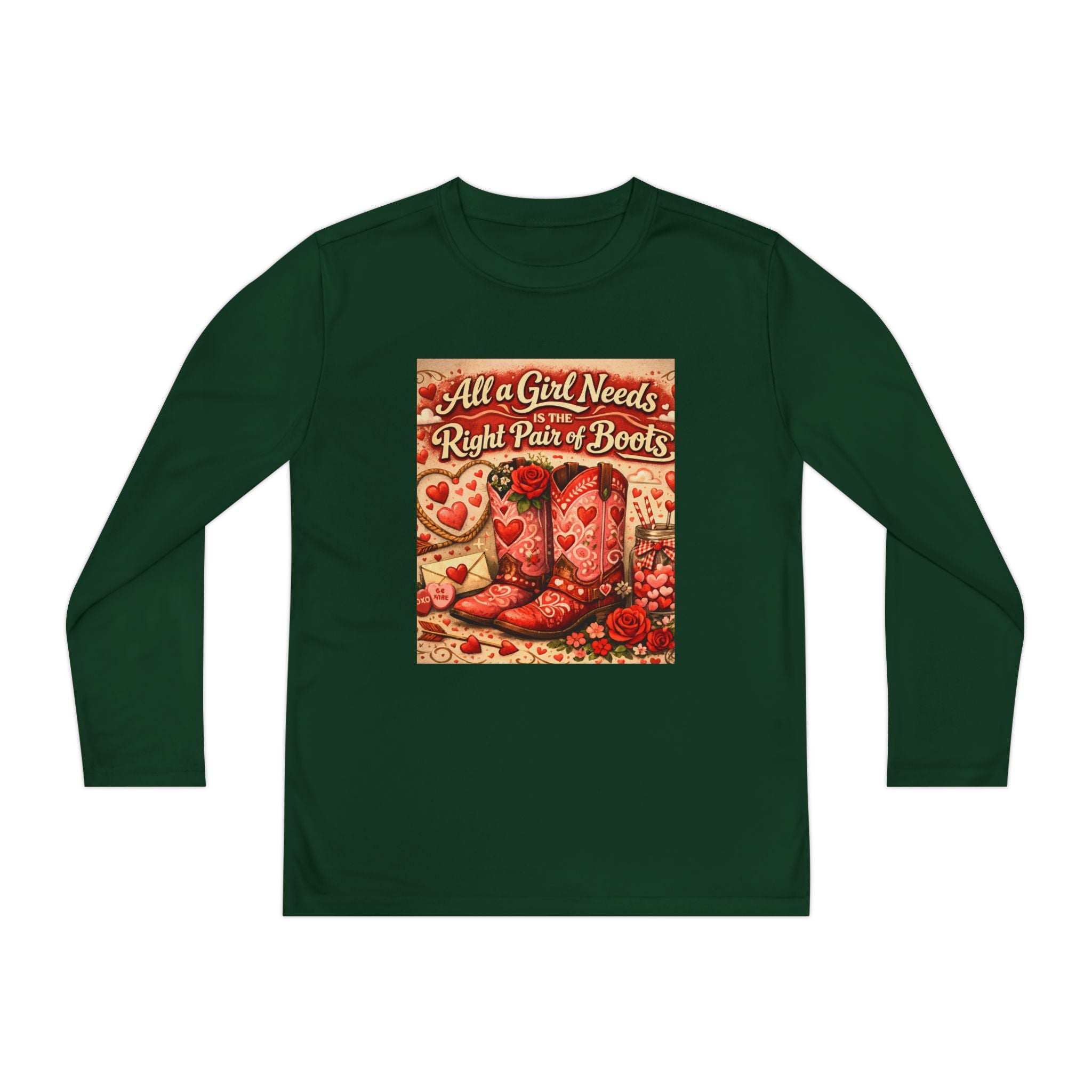 Youth Long Sleeve Tee — "All a Girl Needs is the Right Pair of Boots" Western Graphic