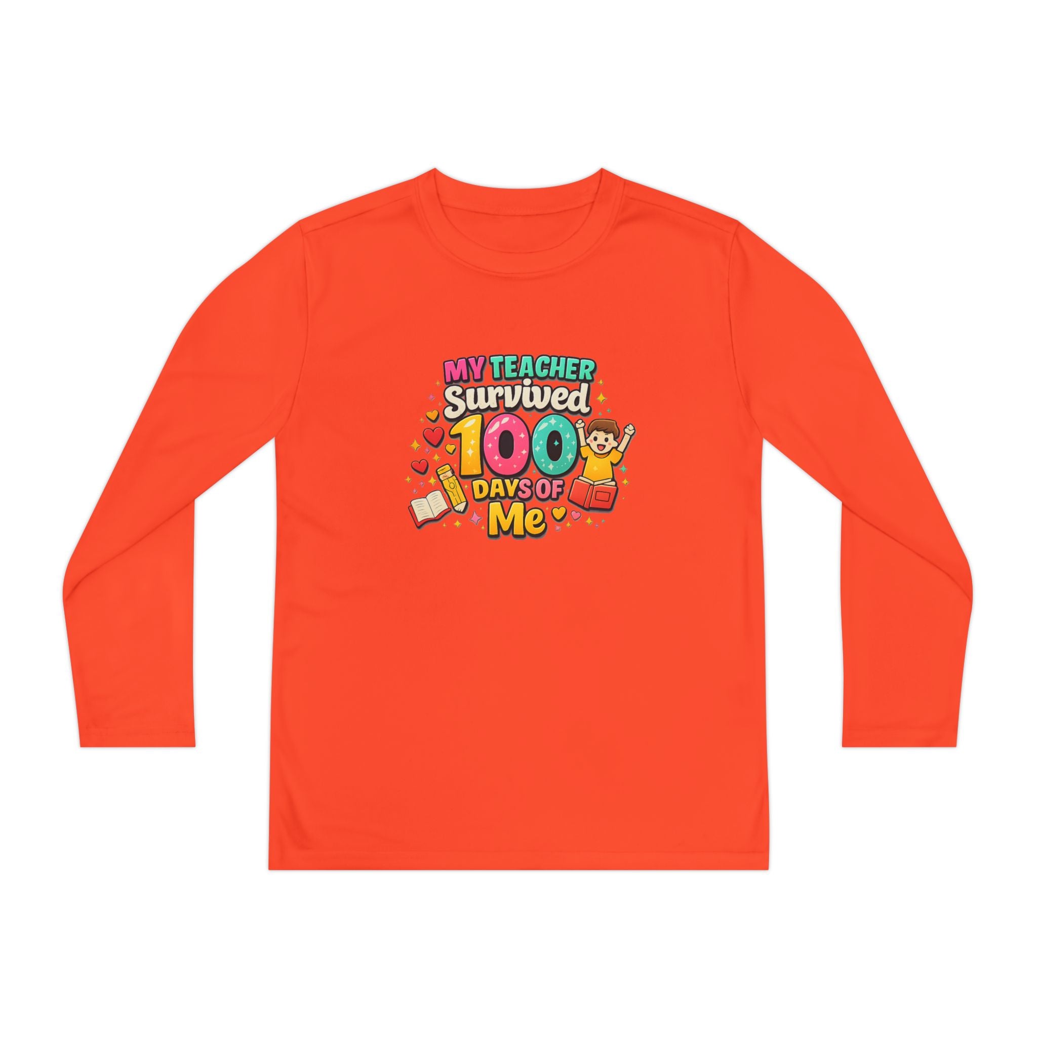 Kids Long Sleeve Tee — “My Teacher Survived 100 Days of Me” Colorful Celebration Shirt