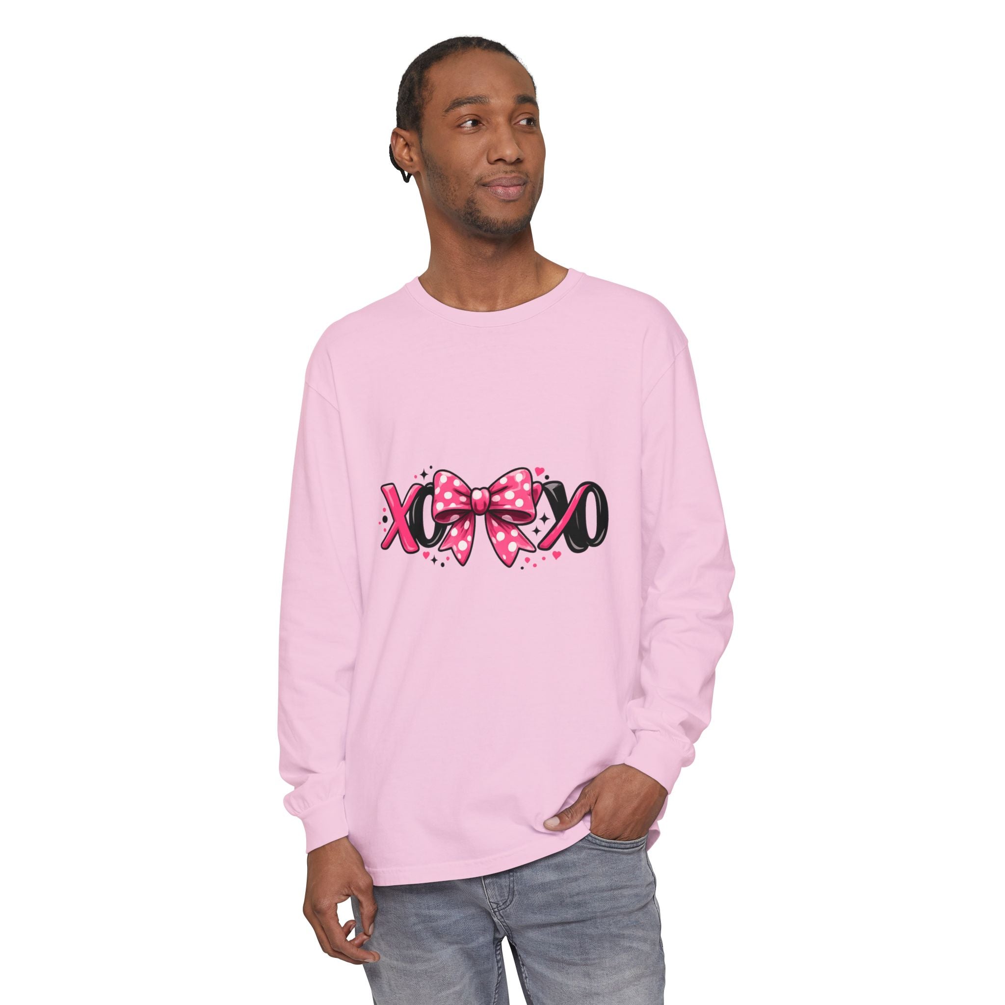 Hugs & Kisses (XOXO) Long Sleeve Tee — Pink Bow Valentine Shirt