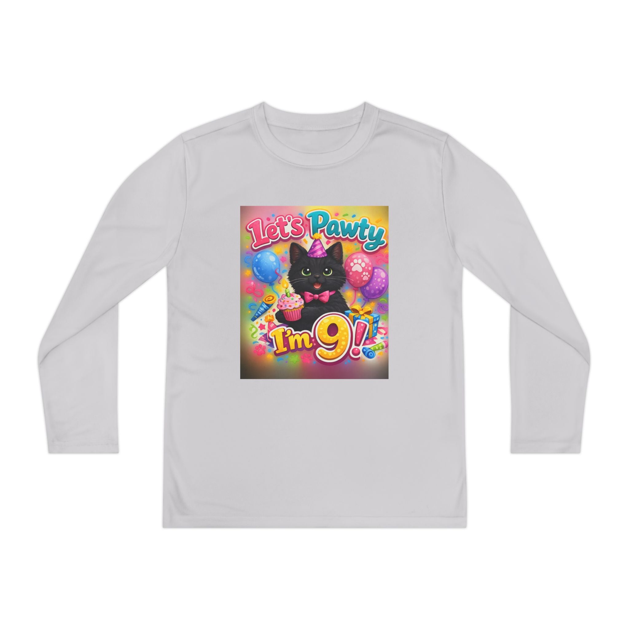 Kids' 9th Birthday Long Sleeve Tee — "Let's Pawty I'm 9!" Cat Birthday Shirt