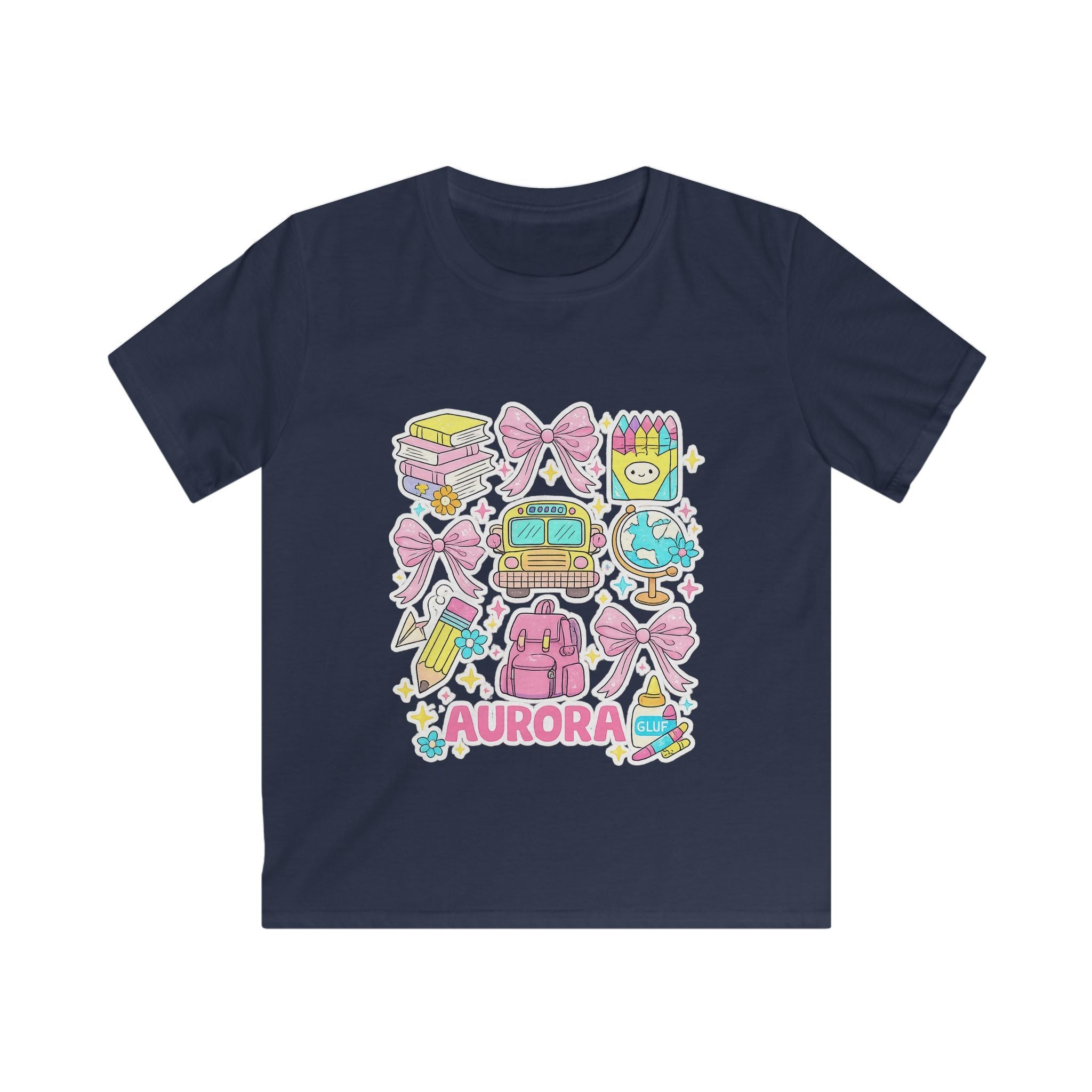 Kids Tee — Cute Pastel School Icons Design with Name "Aurora"