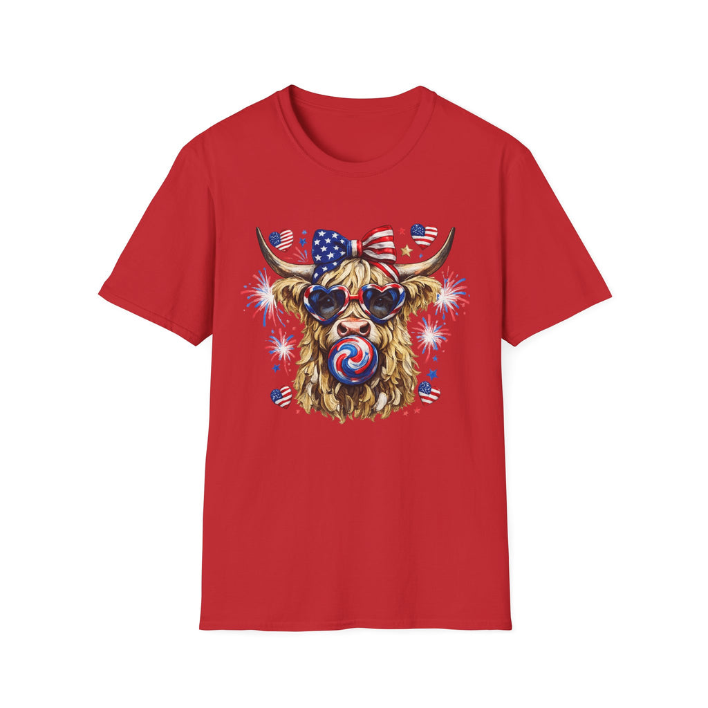 Patriotic Highland Cow T-Shirt — 4th of July American Flag Cow Tee