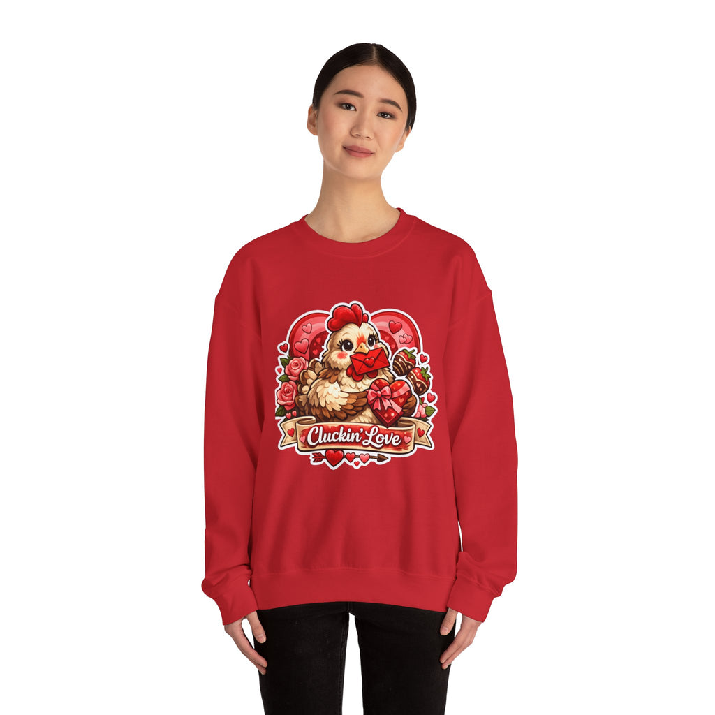 Crewneck Sweatshirt — "Cluckin' Love" Cute Chicken Valentine Design