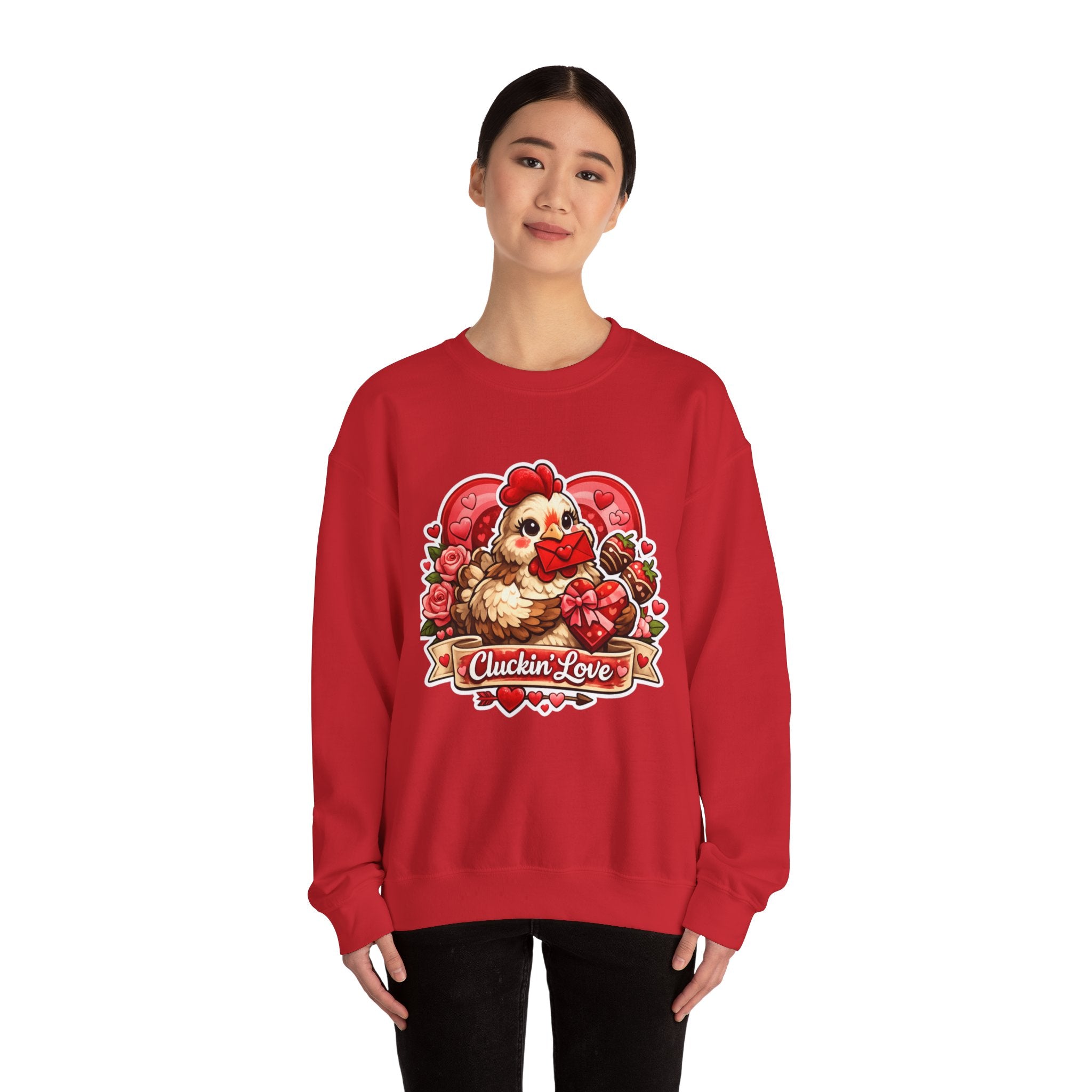 Crewneck Sweatshirt — "Cluckin' Love" Cute Chicken Valentine Design