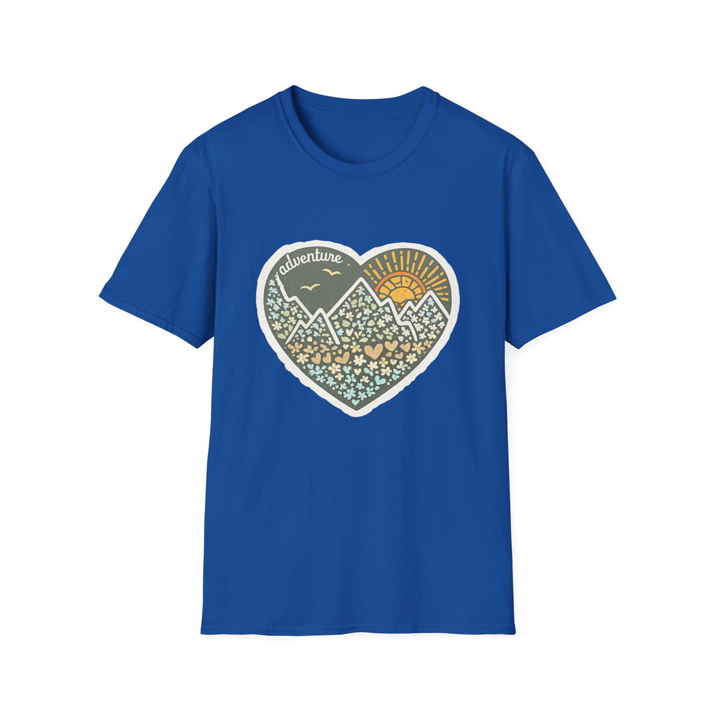 Adventure Heart Mountain T‑Shirt — Sunrise Nature Graphic Tee for Hikers & Outdoor Lovers