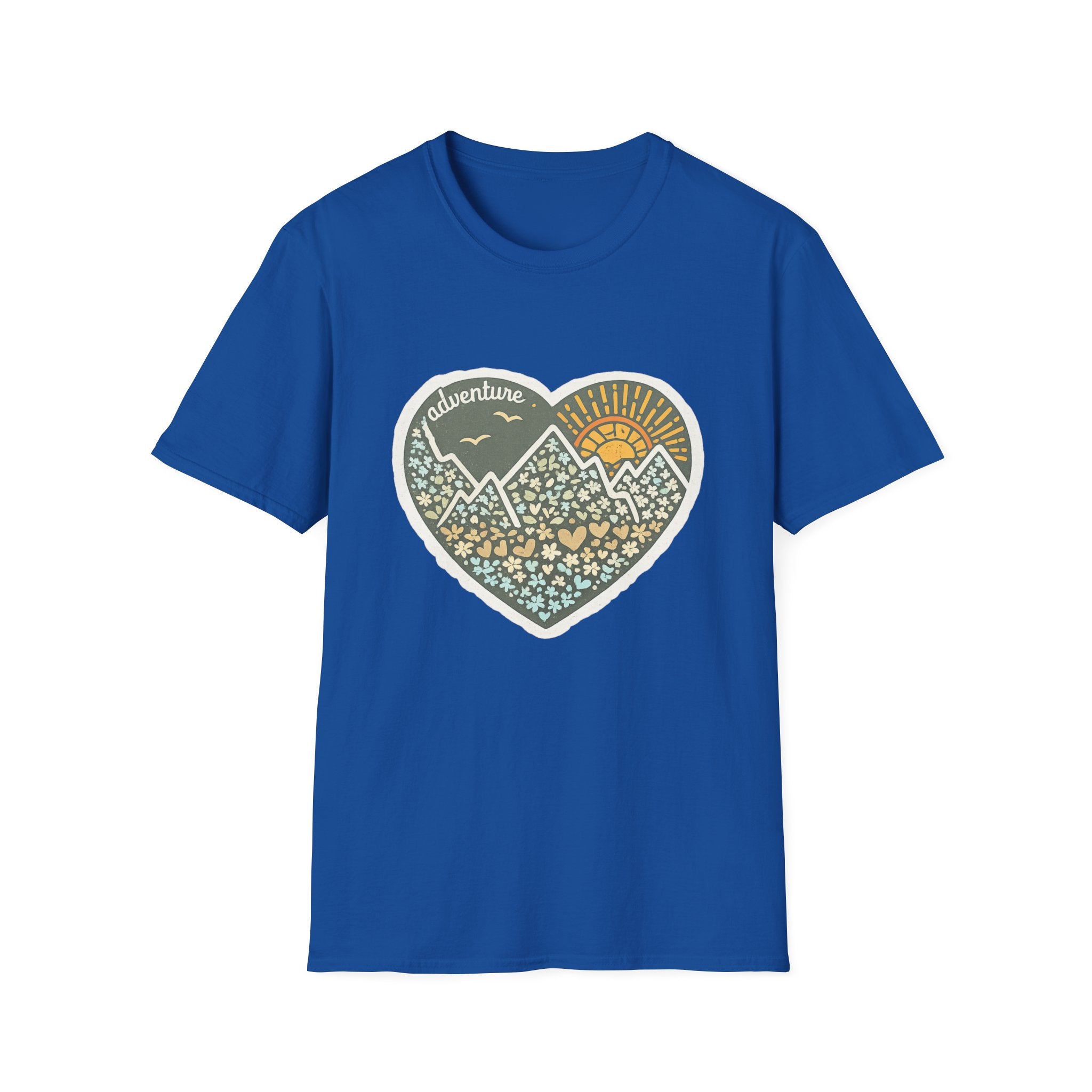 Adventure Heart Mountain T‑Shirt — Sunrise Nature Graphic Tee for Hikers & Outdoor Lovers
