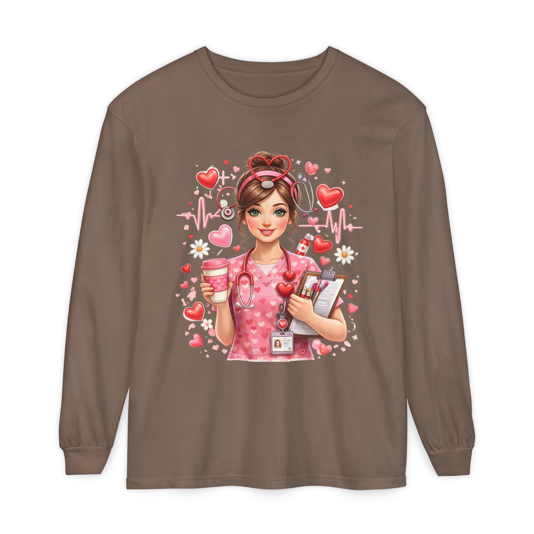 Nurse Love Long Sleeve T-Shirt — Cute Heartbeat Healthcare Graphic
