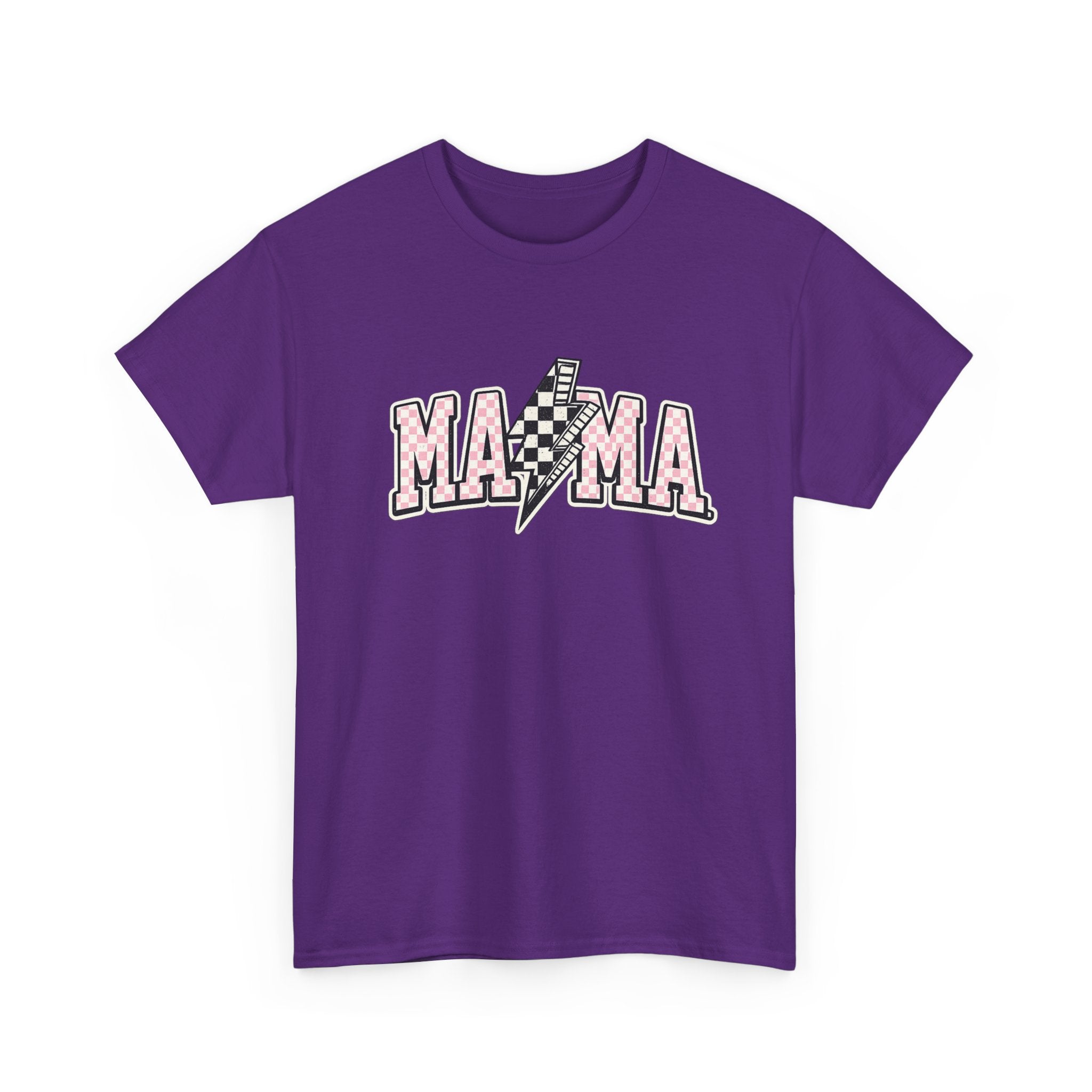Mama Lightning Bolt Graphic Tee — Pink Checkered "MAMA" Shirt