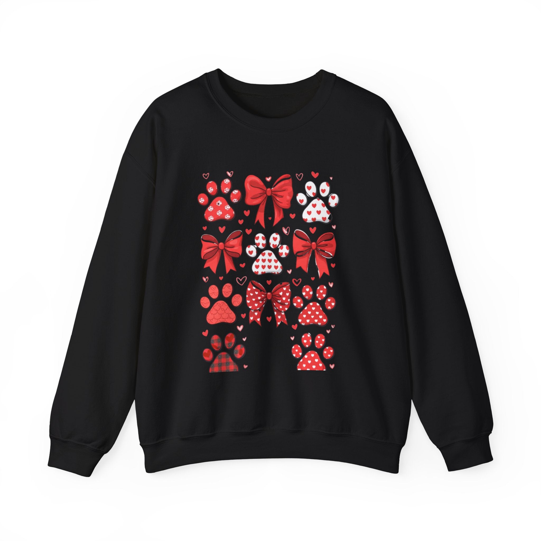 Valentine Paw Print Crewneck Sweatshirt — Red Bows & Hearts Pet Lover Pullover