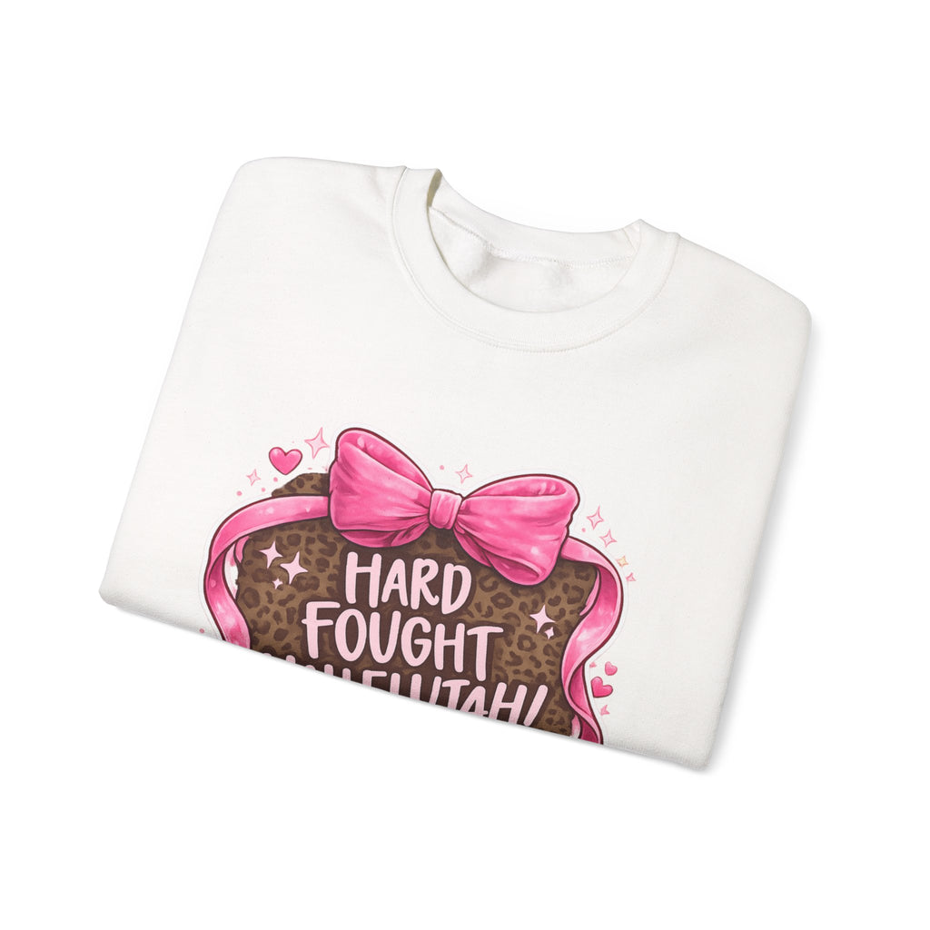 Crewneck Sweatshirt — "Hard Fought Hallelujah" Heart Graphic (Pink Bow, Leopard Print)