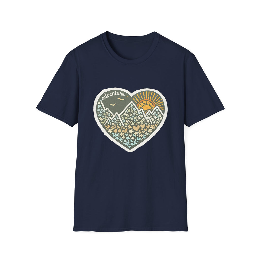 Adventure Heart Mountain T‑Shirt — Sunrise Nature Graphic Tee for Hikers & Outdoor Lovers