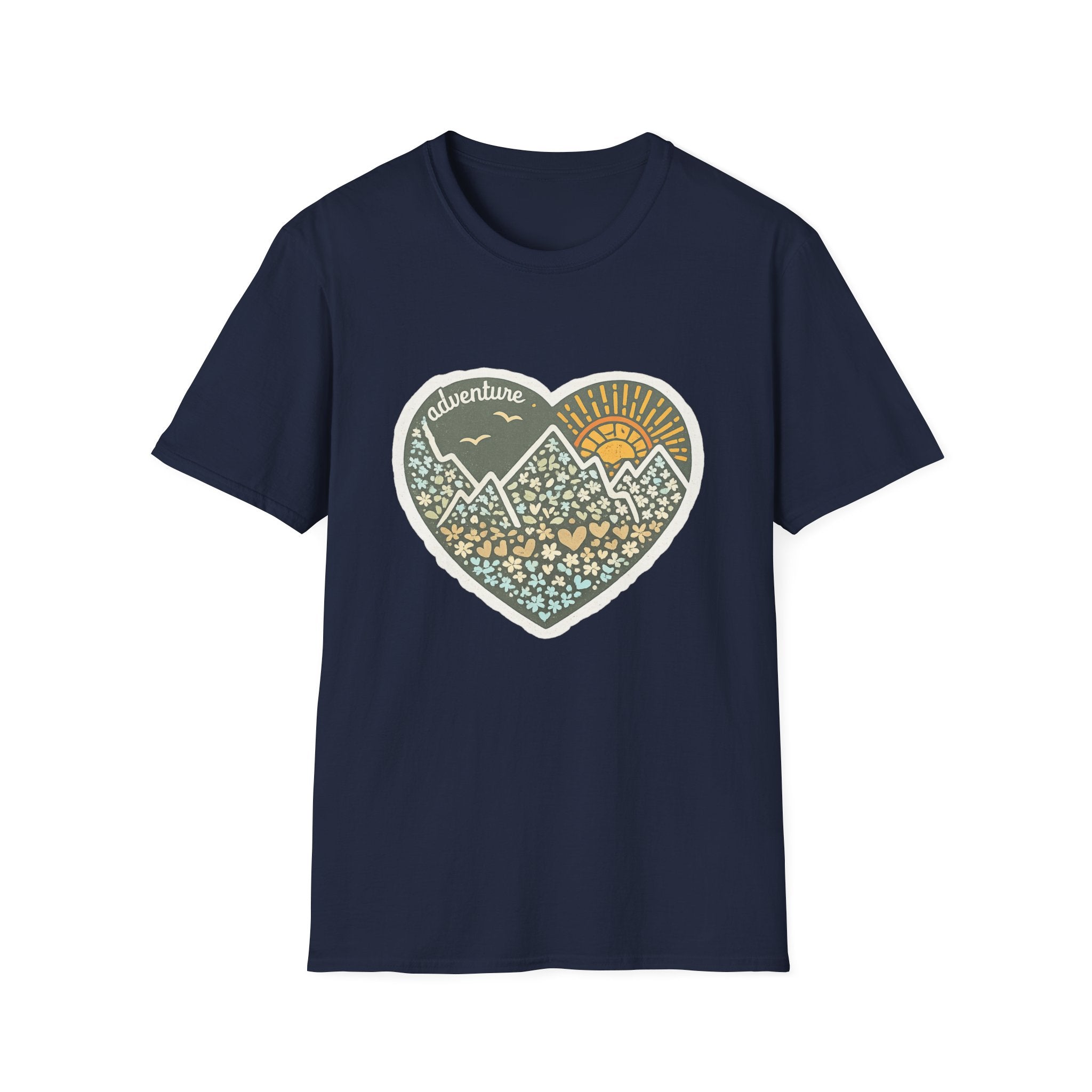Adventure Heart Mountain T‑Shirt — Sunrise Nature Graphic Tee for Hikers & Outdoor Lovers
