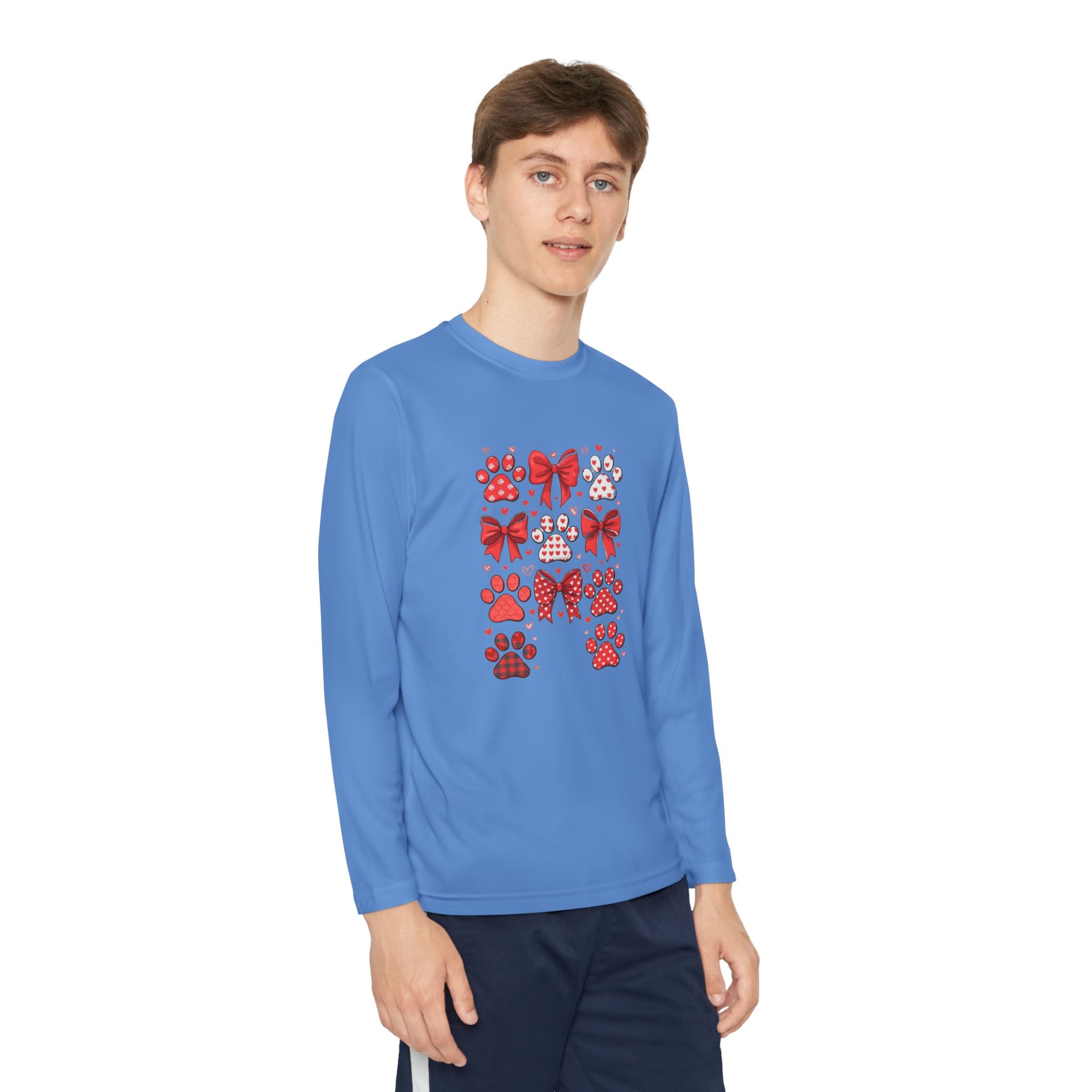 Youth Long Sleeve Tee - Red Paw & Bow Valentine Animal Print