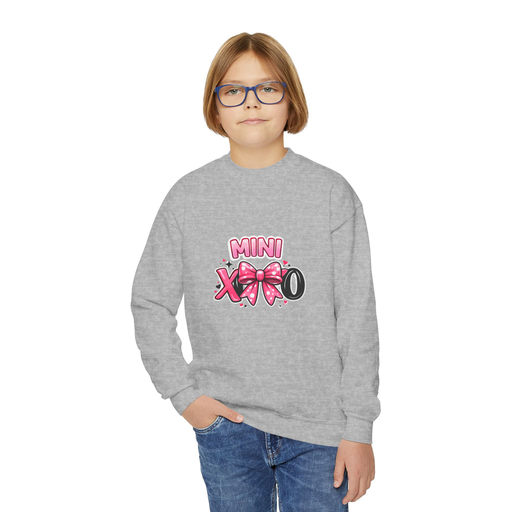 Mini XOXO Youth Crewneck Sweatshirt — Pink Bow Valentine Kids Pullover
