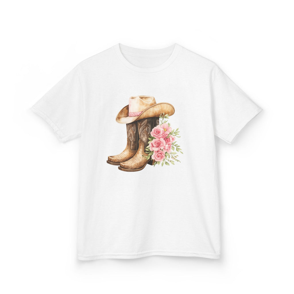 Kids Western Tee — Cowboy Hat & Boots with Pink Floral Design