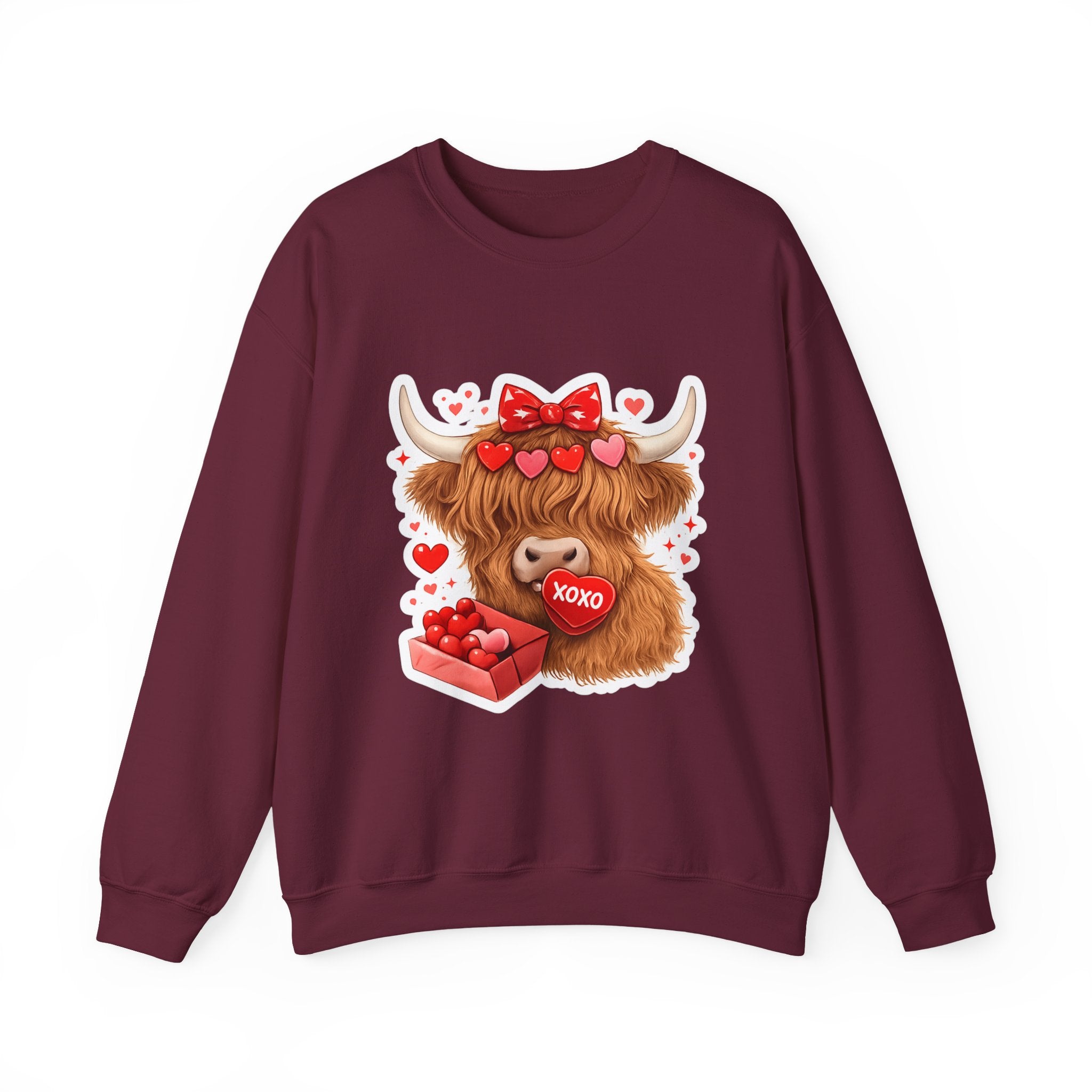 Valentine Highland Cow Sweatshirt – Cute XOXO Heart Gift Crewneck