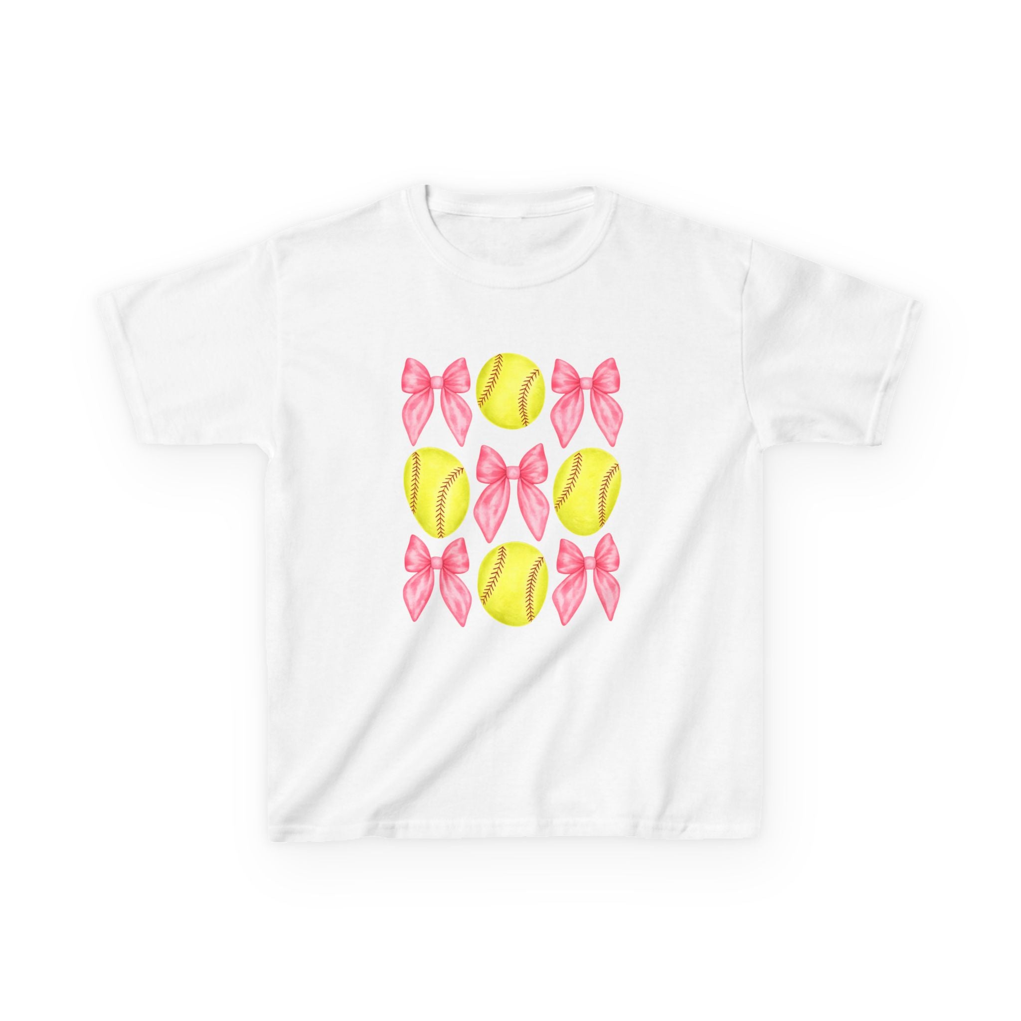 Girls Softball & Bows Kids Tee — Pink Bow Softball Pattern Shirt