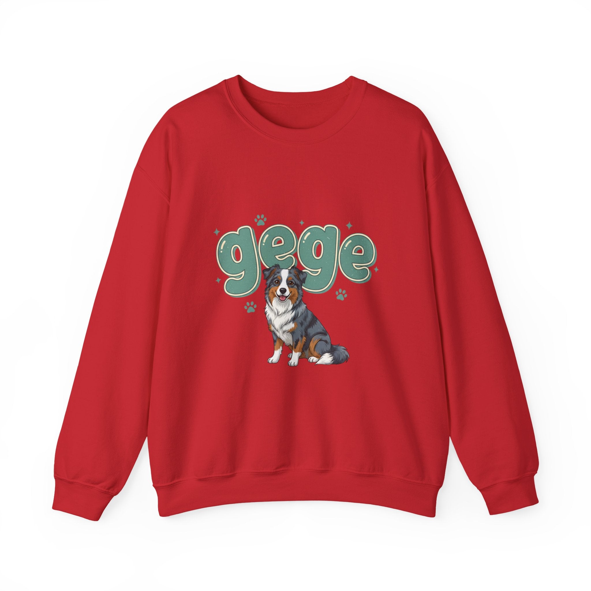 Crewneck Sweatshirt — Cute "gege" Design with Australian Shepherd Illustration