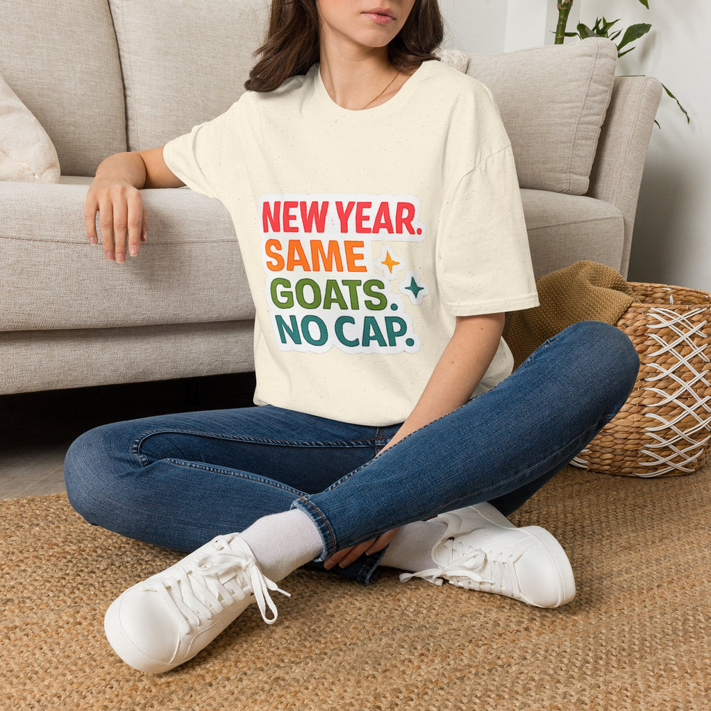 T‑Shirt — "New Year. Same Goats. No Cap." Colorful Graphic Tee for Goat Lovers & Funny New Year Celebrations