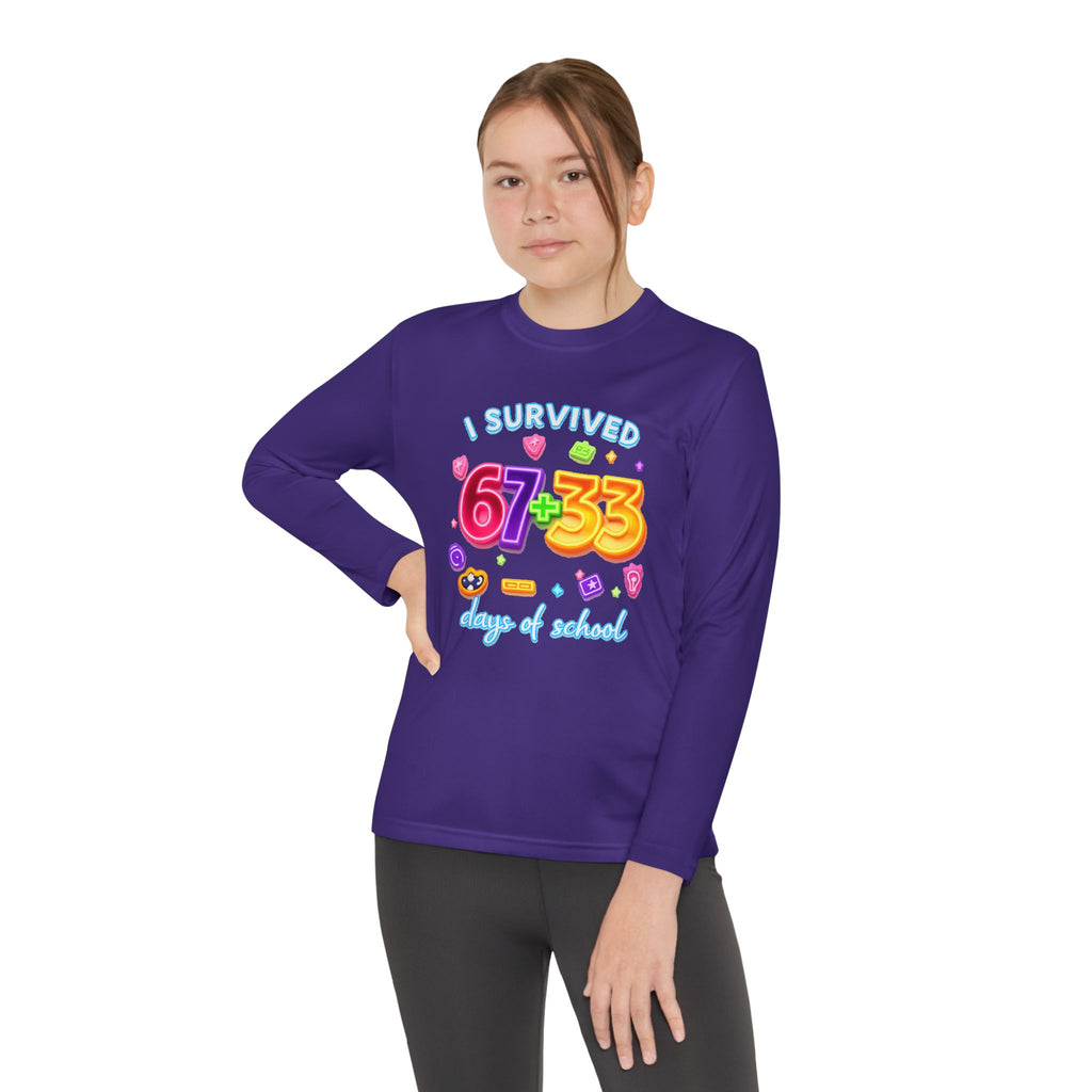 Youth Long Sleeve Tee — "I Survived 67+33 Days of School" Colorful Celebration Shirt