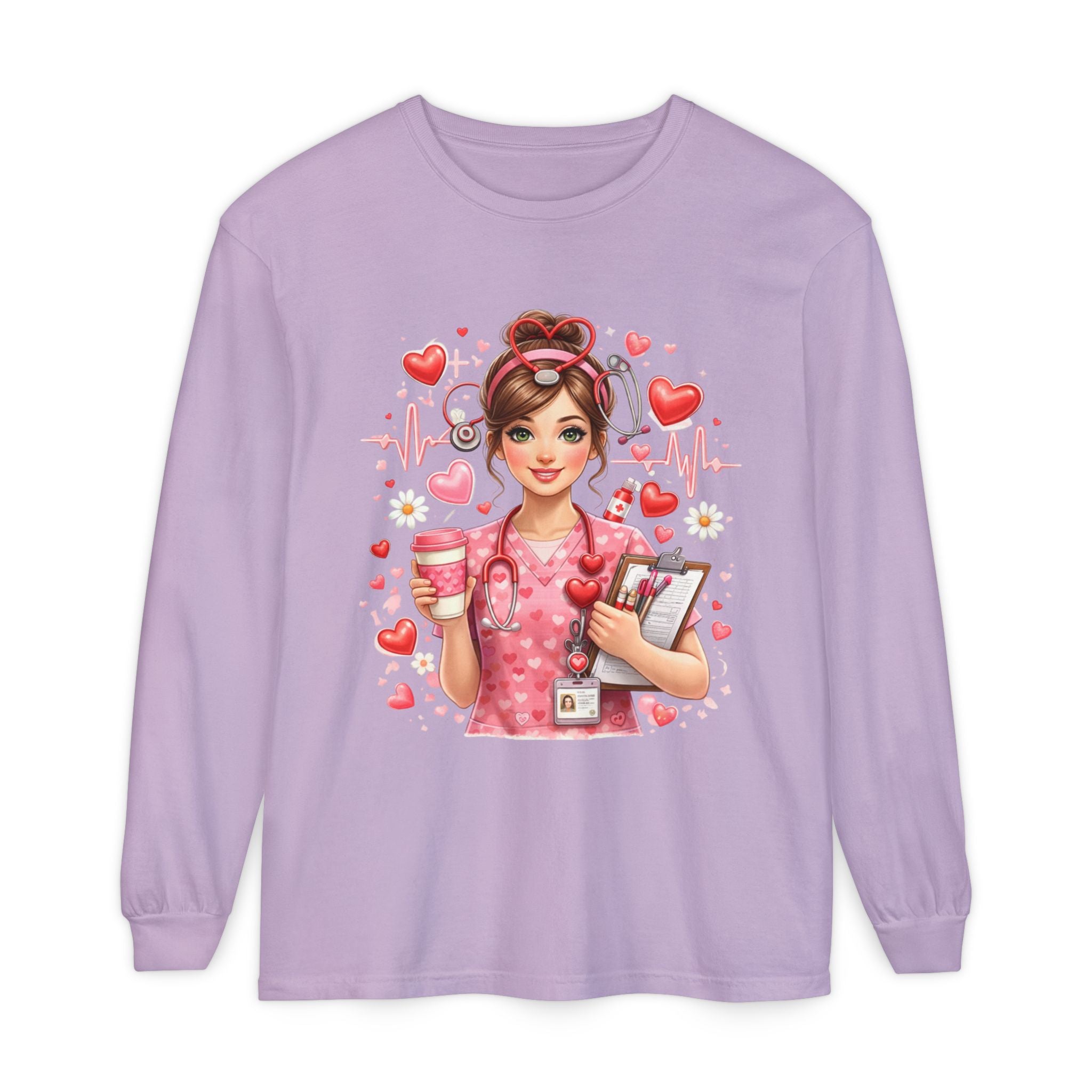 Nurse Love Long Sleeve T-Shirt — Cute Heartbeat Healthcare Graphic